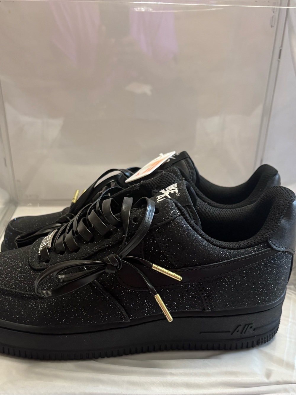 Custom Nike Women's Black Glitter Air Force 1 with Gold Aglets